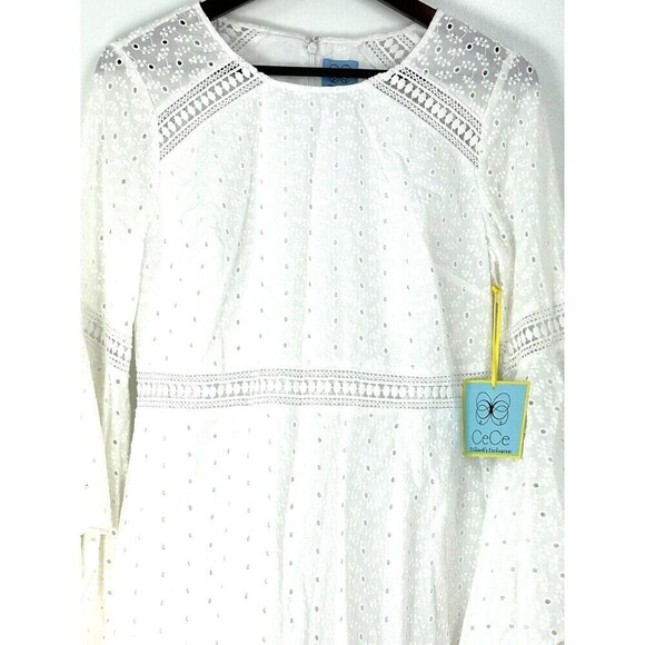 New Cece Women Sz 8 White Dress Eyelet Bell Ruffle Sleeve Crochet Lace A Line H4 - Picture 5 of 12